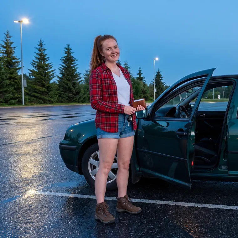 A woman by a green car in a wet lot