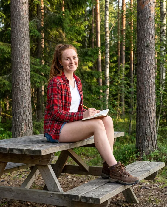 A woman at a picnic table with a notebook